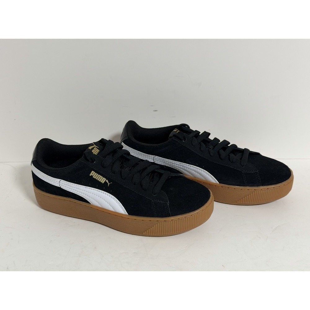 Puma Vikky Platform sneakers, black suede W/white side stripe & gum-colored Sole
